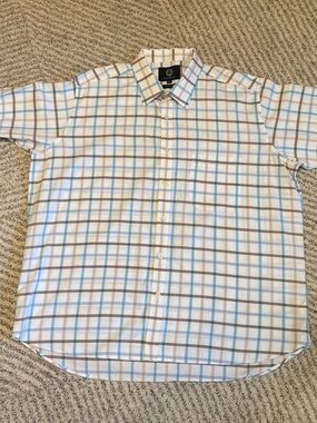 Viyella Men's Short Sleeve Plaid Shirt in White, Blue, and Brown